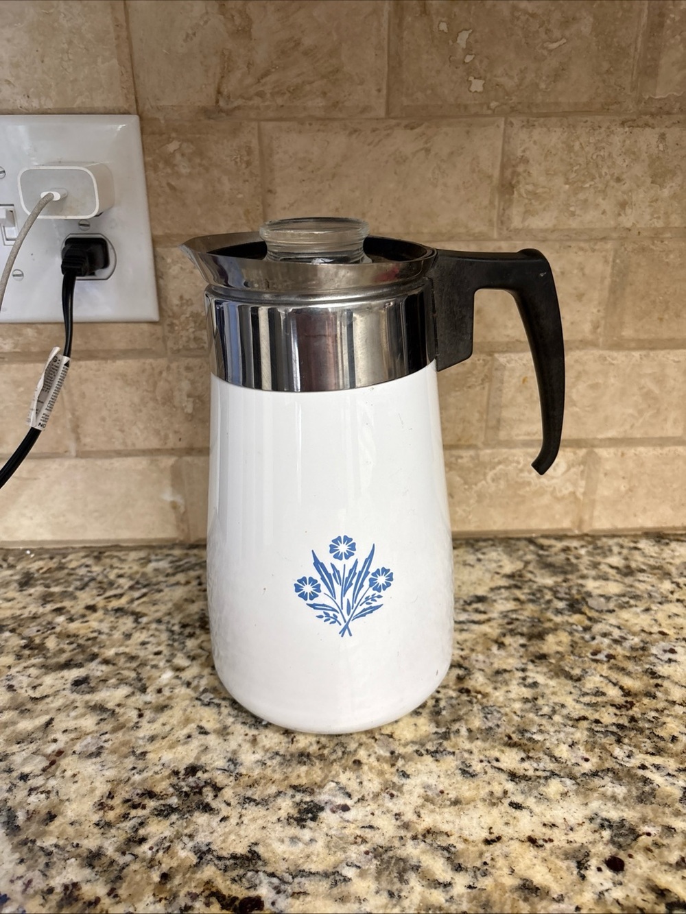Corningware White Coffee Percolator with Blue Floral Motif and Black Handle